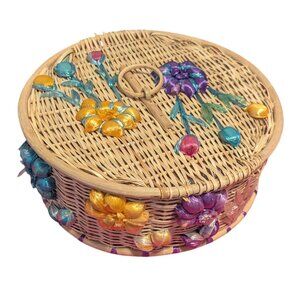Vintage Wicker Food Cover Floral 3D Embroidery Picnic MCM Boho Raffia